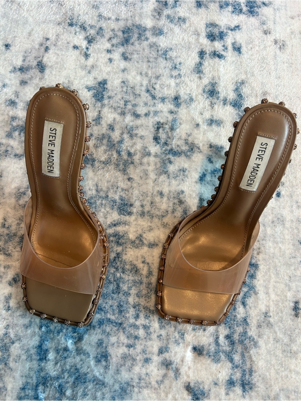 Steve Madden • Tan Clear Strap Stiletto Mule with Embellished Trim - Picture 2 of 6